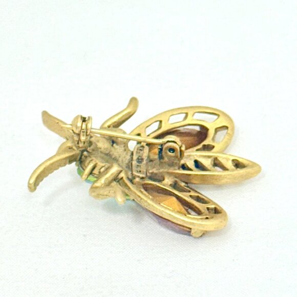 Vintage Gold-Tone Bee/Bug Brooch With Iridescent Cabochon/Rhinestones/Crystals - Picture 6 of 7